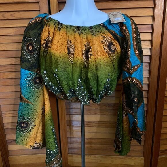 Boho Multicolor Off-Shoulder Women's Crop Top - Picture 1 of 6